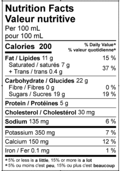  Nutritional Facts for 10L ICE CREAM MIX VANILLA NATREL 