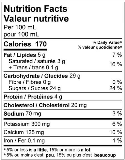  Nutritional Facts for AFS Ice Milk Mix Vanilla (10L)